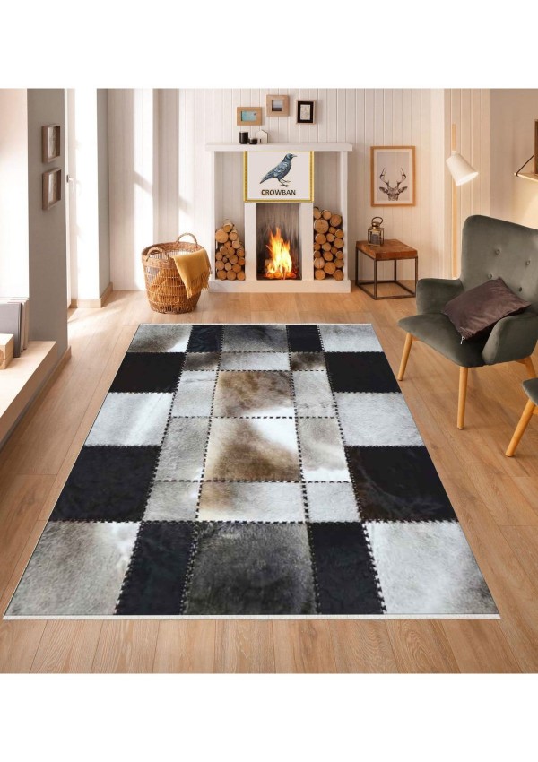 Deri Görünümlü Halı Kaymaz Taban Makinada Yıkanabilir Salon Halısı Bohem Cool Halı Yolluk