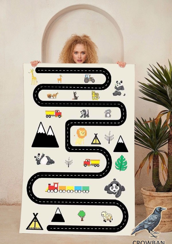 Çocuk Halısı Oyun Halısı Montessori Halı Yol Halı Dağ Tren  Zurafa Oyuncak Araba  Otobüs Figür Halı