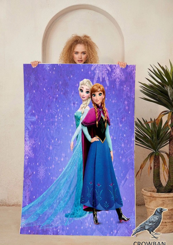 Kız Çocuk Halısı Frozen Anna ve Elsa Desenli Mavi Figürlü Kaymaz Taban Makinada Yıkanabilir Halı