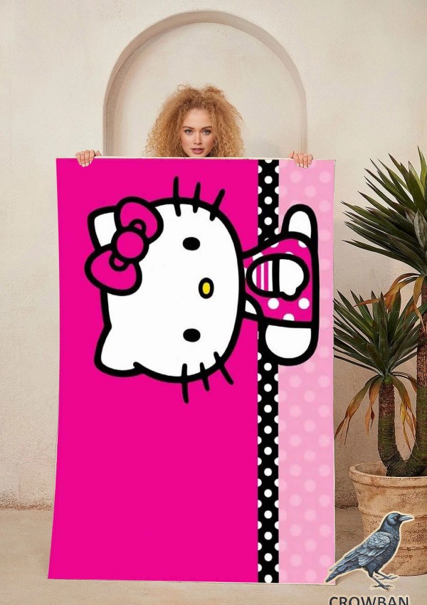 Hello Kitty Kedi Desenli Kedili Halı Dijital Baskı Yıkanabilir Kaymaz Taban Çocuk Odası Halısı