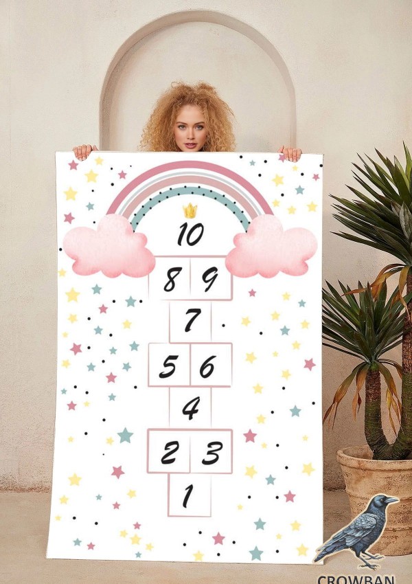 Kız Çocuk Halısı Sek Sek Desenli Montessori Halı Oyun Halısı Bulut Beyaz Pembe Figürlü Kaymaz