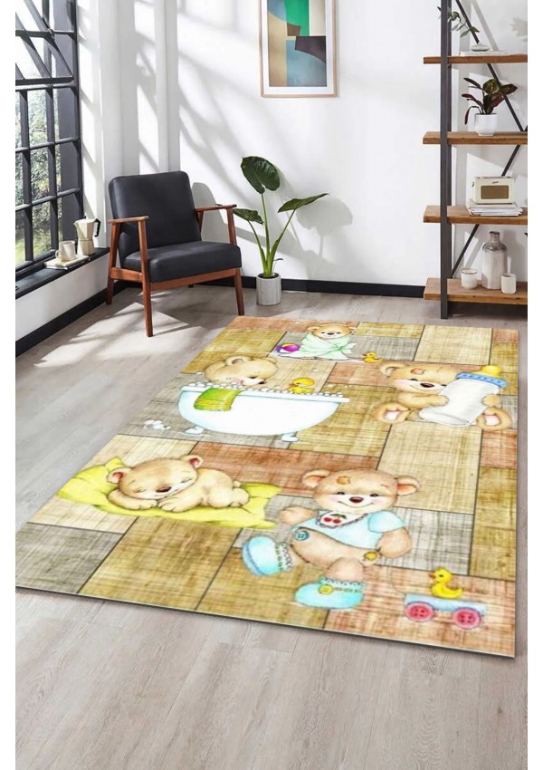 Bebek Odası Halısı Ayıcık Biberon Emzik Desenli Şirin Ördek Çocuk İçin  Yıkanabilir Montessori Halı
