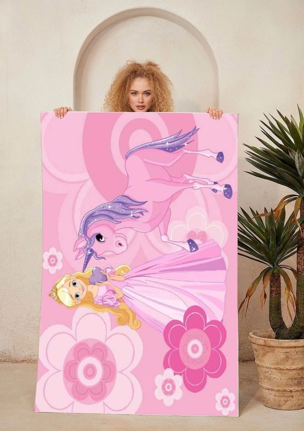 Pembe Çiçekli At Mia Ve Me Figürlü Desenli Halı Kız Çocuğu Halısı Prenses Pegasus Baskılı Kaymaz