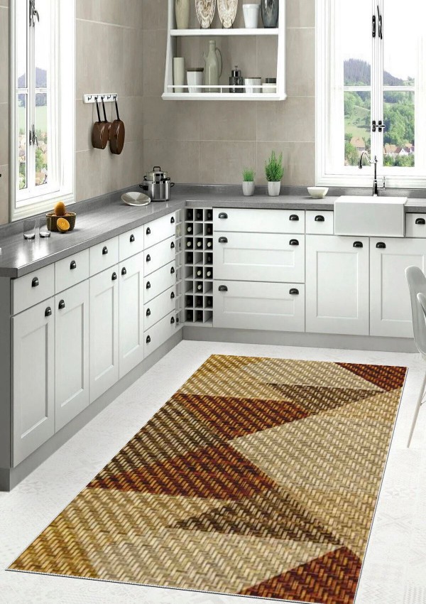 Kaymaz Taban Halı - Makinada Yıkanabilir, Salon, Yolluk, Paspas, Modern Desenli Kahve Bej Renk Halı