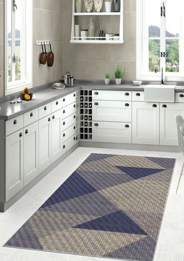 Kaymaz Taban Halı - Makinada Yıkanabilir, Salon, Yolluk, Paspas, Modern Desenli Lacivert Renkli Halı